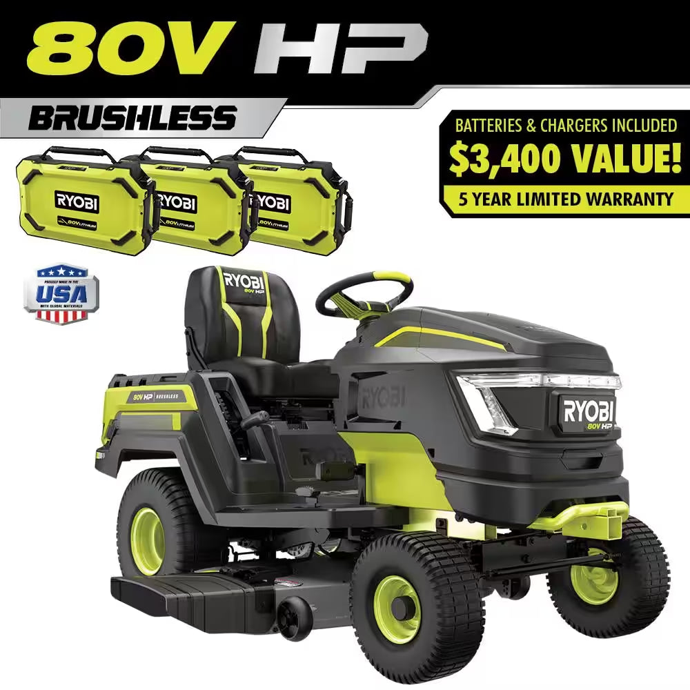 80V HP Brushless 42 In. Battery Electric Cordless Riding Lawn Tractor with (3) 80V 10Ah Batteries and Charger