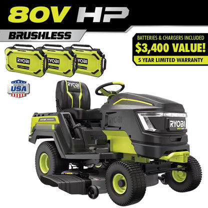 80V HP Brushless 42 In. Battery Electric Cordless Riding Lawn Tractor with (3) 80V 10Ah Batteries and Charger