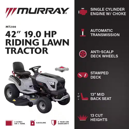 MT200 42 In. 19.0 HP 540Cc EX1900 Series Briggs and Stratton Engine Automatic Gas Riding Lawn Tractor Mower